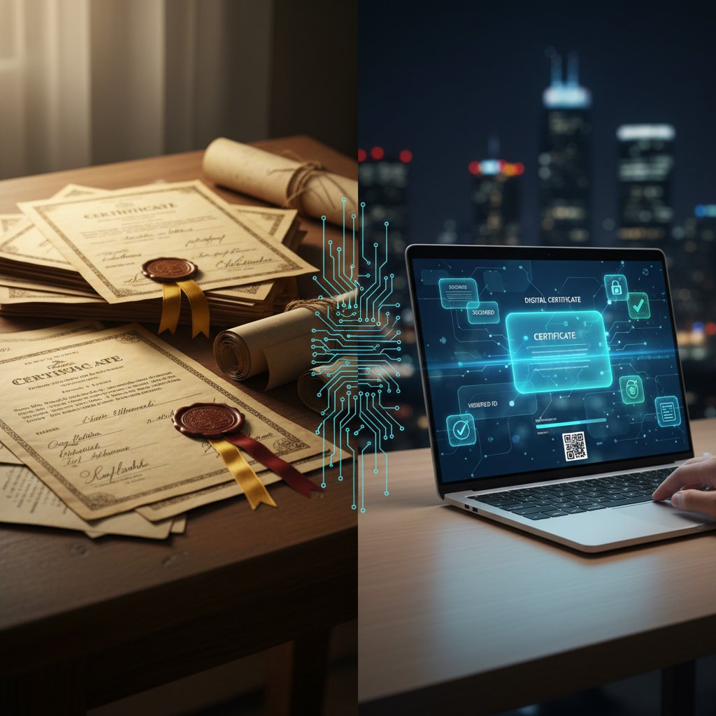 Historyczne certyfikaty papierowe i nowoczesne certyfikaty cyfrowe na ekranach.