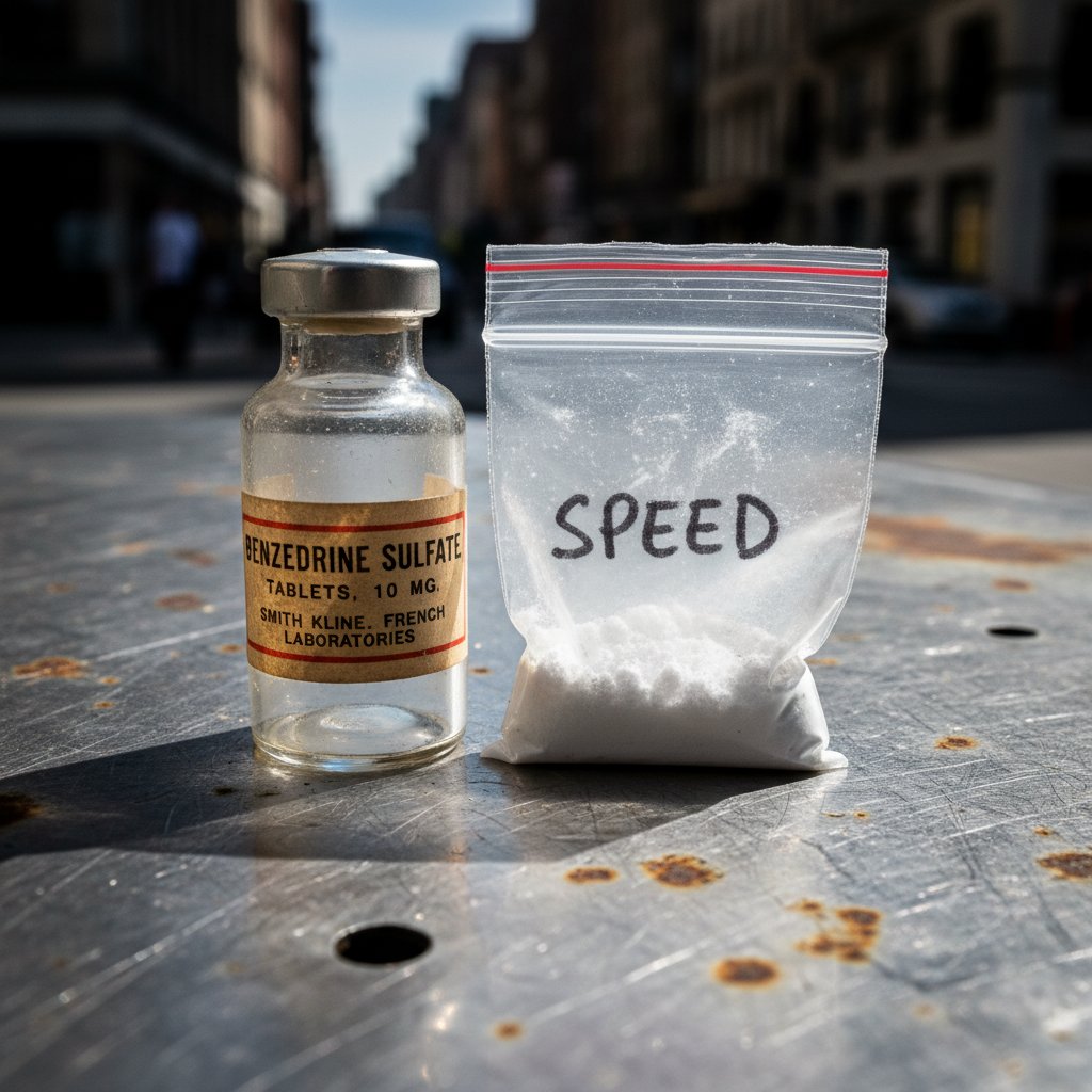 Fiolka apteczna amfetaminy obok próbki ulicznej – porównanie formy i jakości