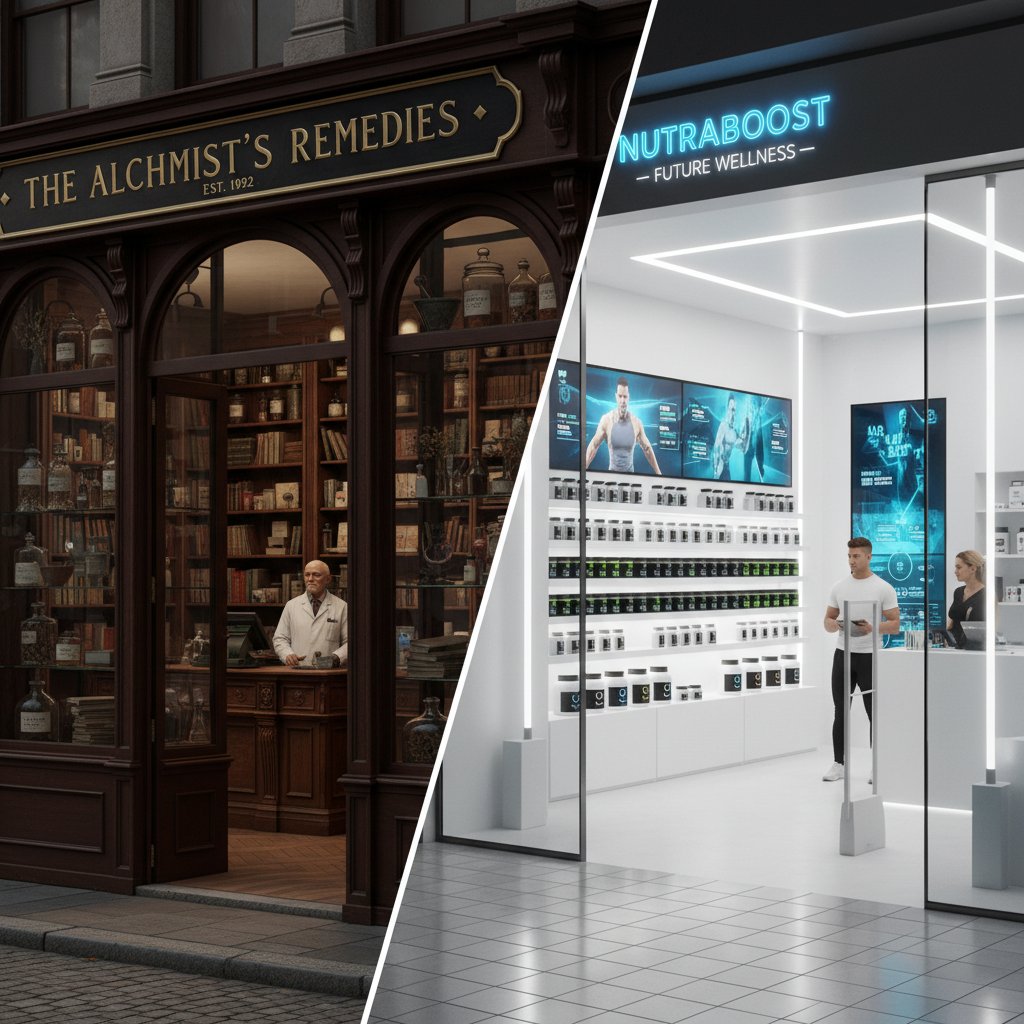 Stara apteka obok nowoczesnego sklepu z suplementami – zderzenie epok