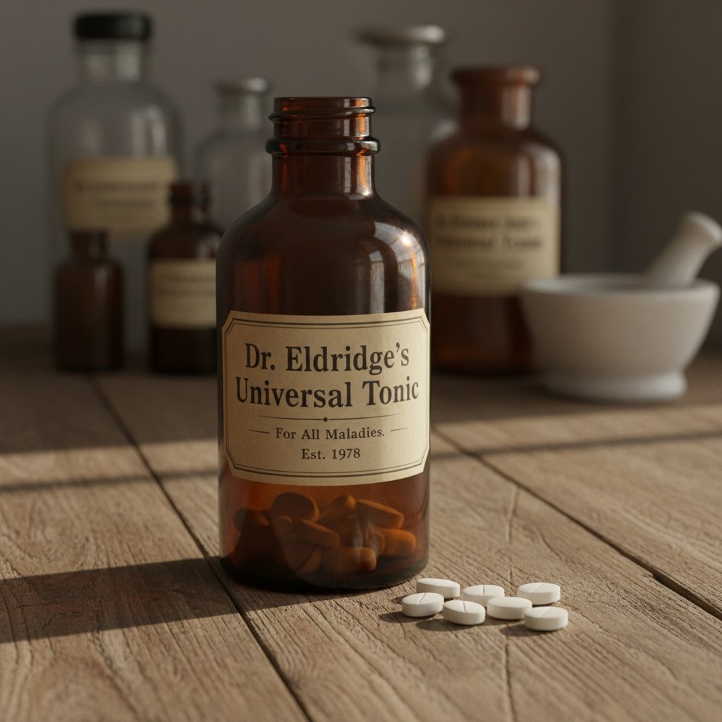 Stara butelka apteczna i pigułka na drewnianym stole, symbolizujące historię karbamazepiny w neurologii