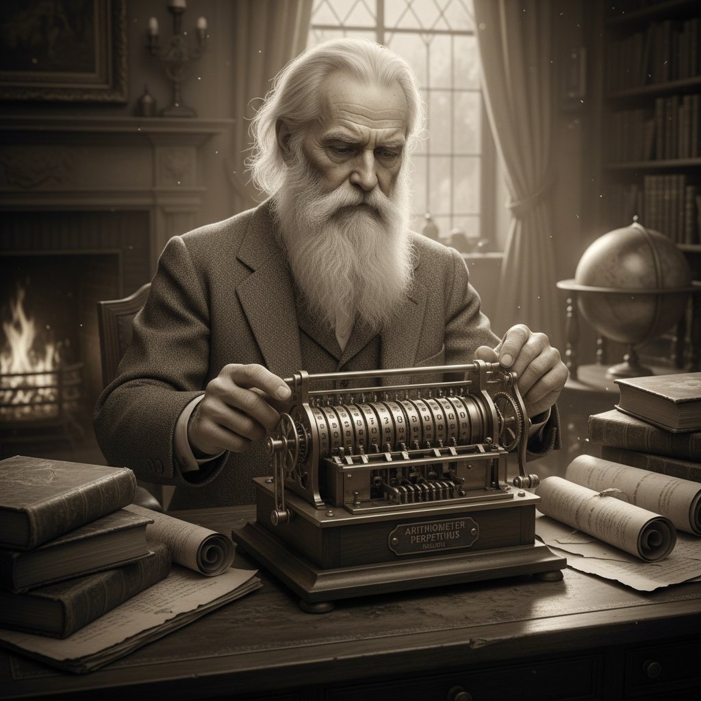 Stara fotografia filozofa przy maszynie liczącej, retro klimat – filozofowie przewidujący AI