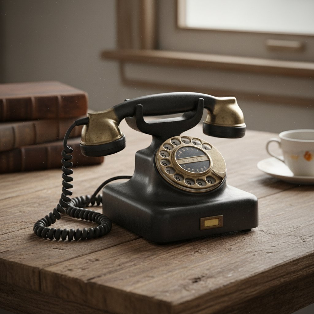 Stary aparat telefoniczny na drewnianym stole, symbolizujący początki linii wsparcia