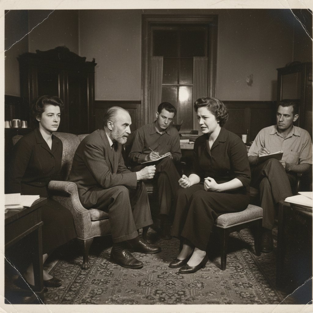 Stare zdjęcie Fritza Perlsa podczas warsztatów terapeutycznych, klimat lat 50., intensywna atmosfera