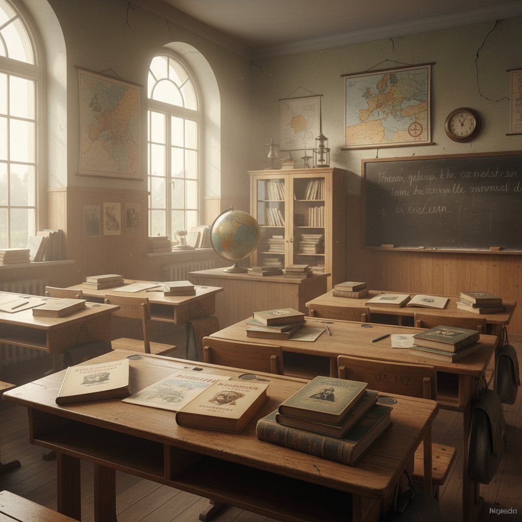 Zabytkowa klasa szkolna z przestarzałymi podręcznikami, stare tablice i szare ściany, edukacja i nauka w Polsce