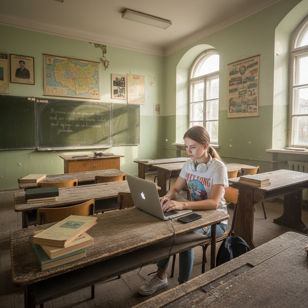 Kontrast tradycyjnej klasy i nauki online w Polsce – dwie osoby, jedna w starej klasie, druga z laptopem na tle miejskim