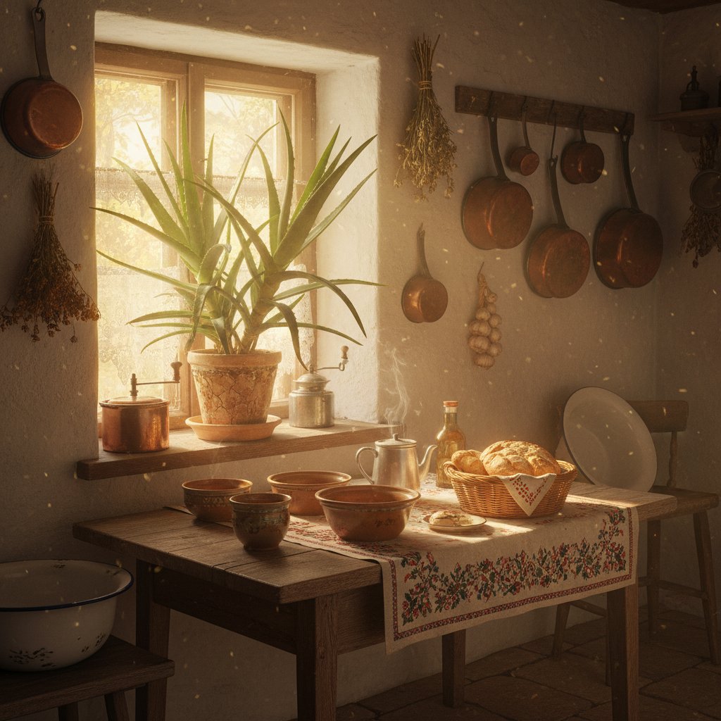 Stara polska kuchnia z aloesem w doniczce, promienie słońca, nostalgiczny klimat