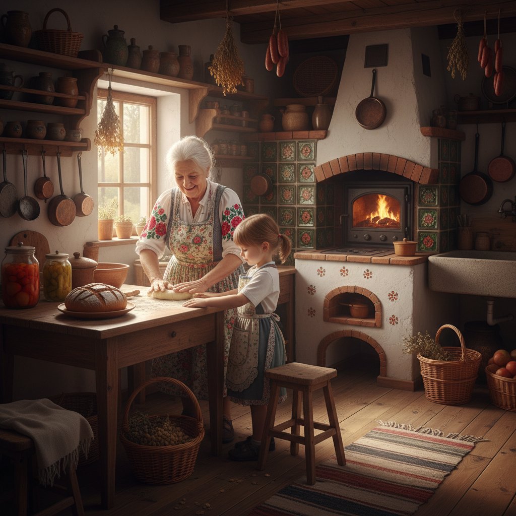 Babcia ucząca wnuczkę gotowania w tradycyjnej polskiej kuchni, ciepłe światło, klimat rodzinny