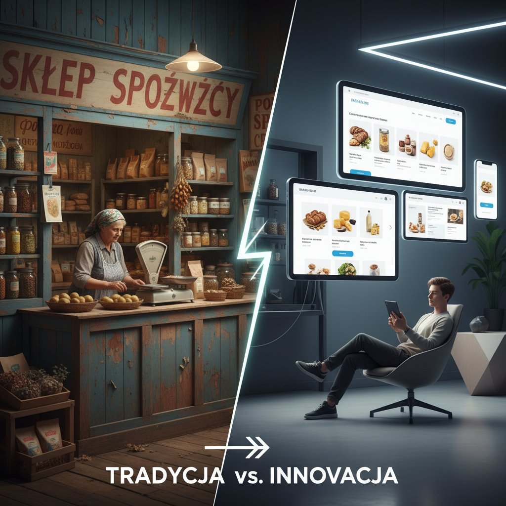 Zdjęcie archiwalne półki sklepowej z lat 90. oraz nowoczesnego panelu e-commerce