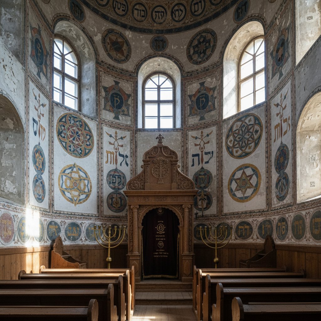 Stara polska synagoga z kabalistycznymi symbolami na ścianach, światło wpada przez okno