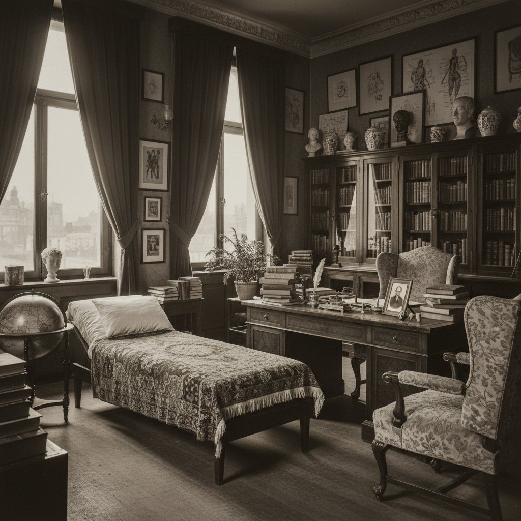 Historyczna fotografia XIX-wiecznego gabinetu psychoanalitycznego, symbolizująca początki teorii Freuda