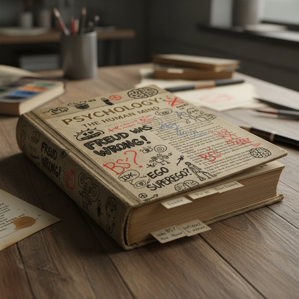 Stara książka psychologiczna z notatkami na marginesach, symbolizująca bunt w terapii schematu