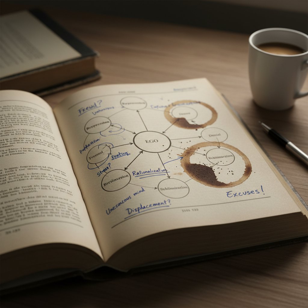 Stary podręcznik psychologii z notatkami o mechanizmach obronnych, ilustracja tematu zaprzeczania