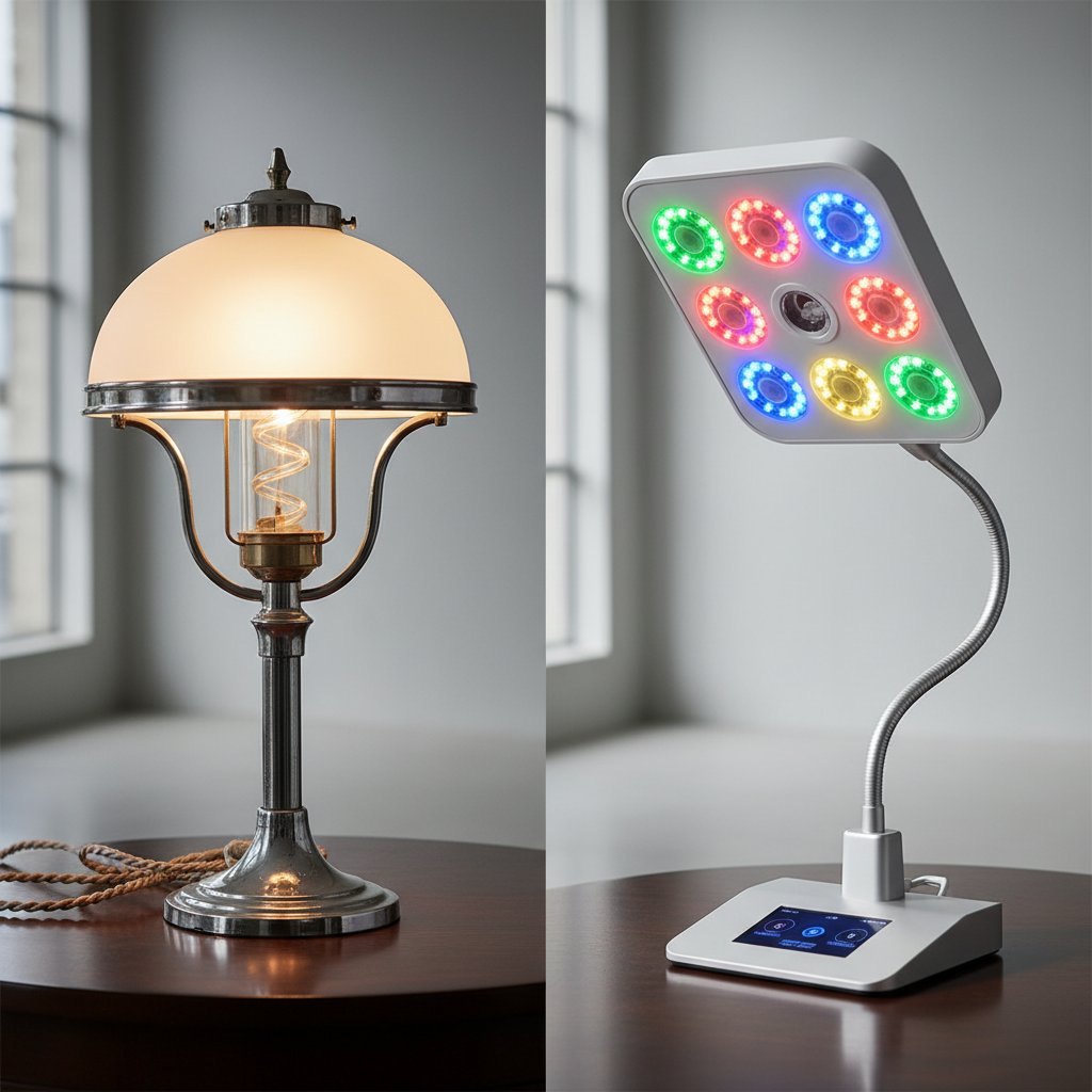 Stara lampa kwarcowa i nowoczesne urządzenie LED na jednym zdjęciu