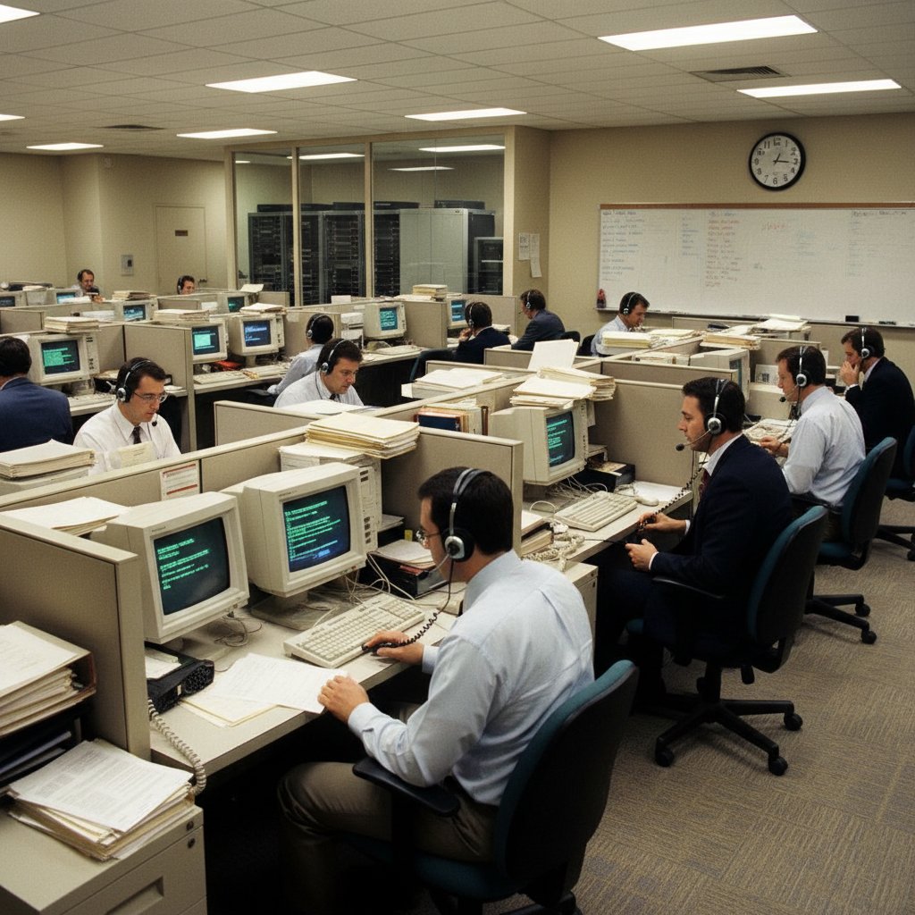 Editorial photo contrasting an old-school call center with a modern AI-powered center, highlighting the evolution of AI virtual customer service