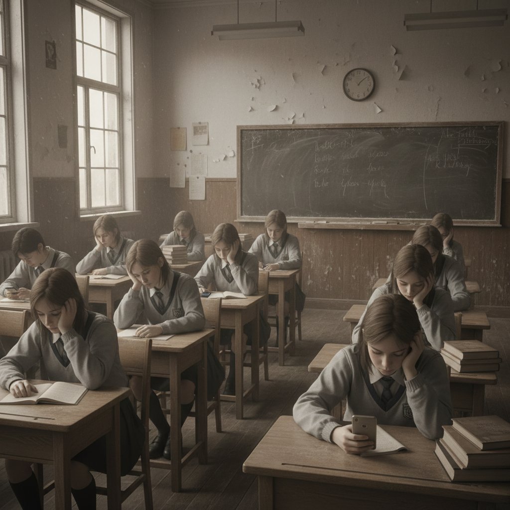 Znudzony uczeń w szkolnej ławce podczas lekcji historii.