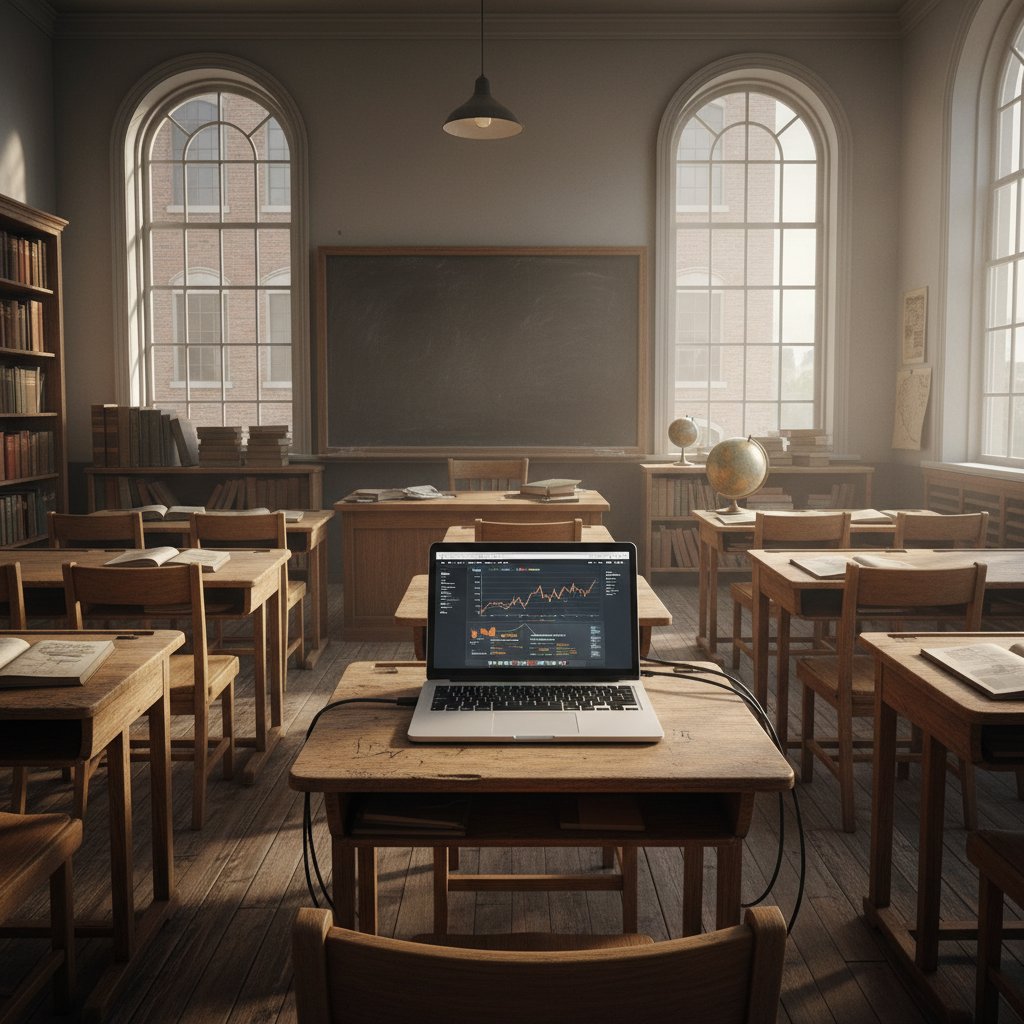 Kontrast między tradycyjną klasą a nowoczesnym laptopem podczas nauki informatyki online