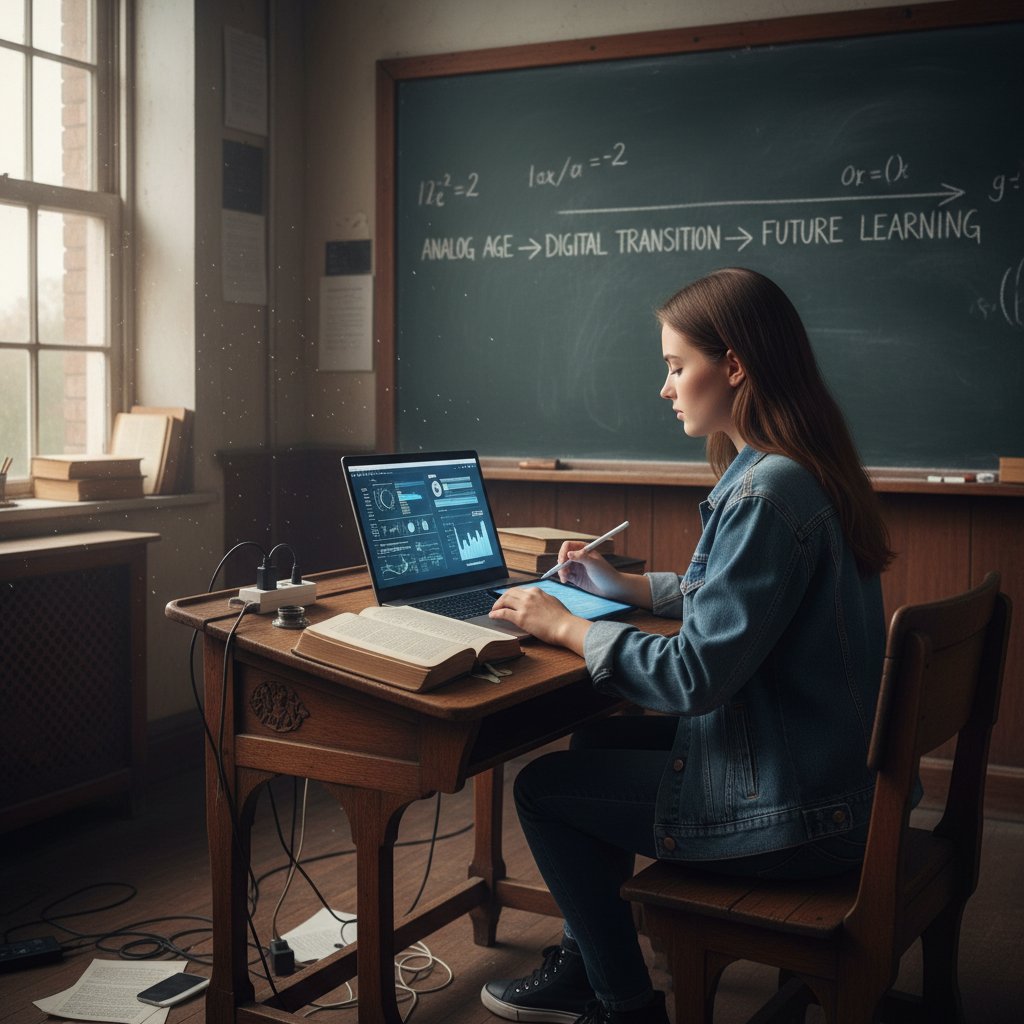 Stare biurko z kredą i tablicą zamienia się w nowoczesne stanowisko z laptopem i tabletem, uczeń przechodzi przez cyfrową przemianę