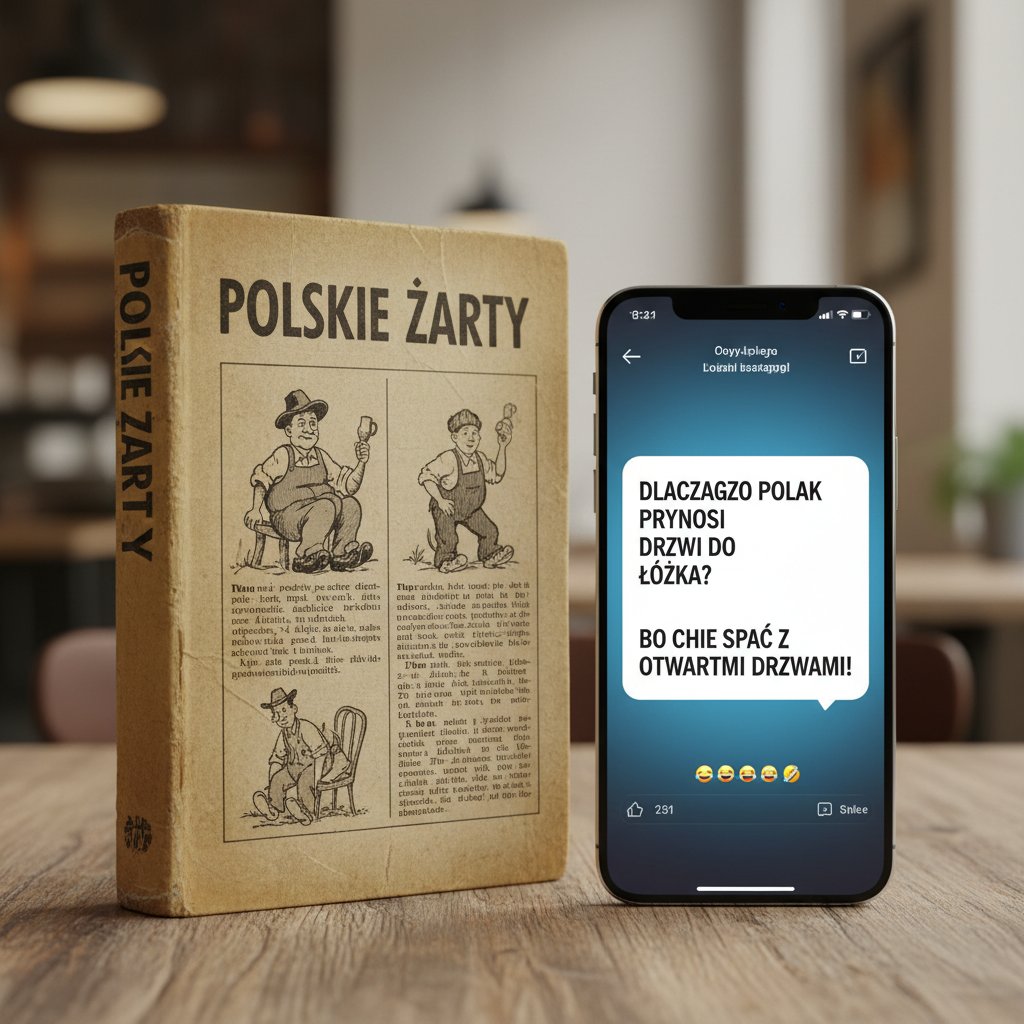 Książka z dowcipami i smartfon z żartami obok siebie