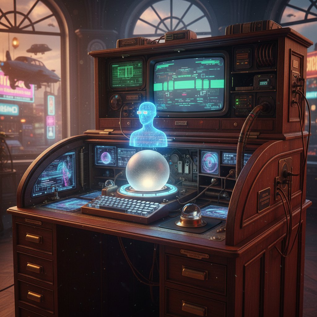 Retro-futuristic photo showing an old secretary’s desk blending into a modern digital interface, symbolizing the transition from human to AI assistant with sleek technology overlays