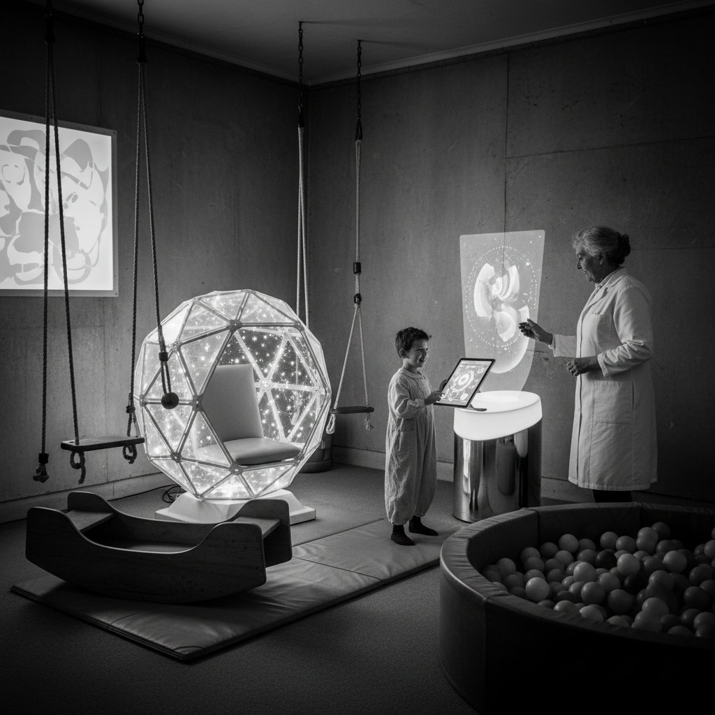 Stara sala SI, czarno-białe zdjęcie terapeuty z dzieckiem, kontrast z nowoczesnym wyposażeniem