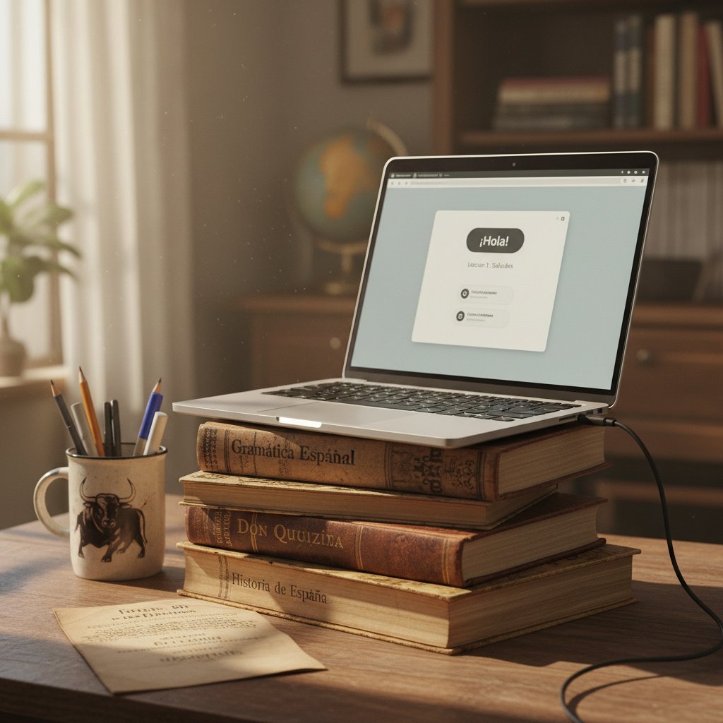 Stare podręczniki do hiszpańskiego na tle nowoczesnego laptopa – kontrast tradycji z nowoczesnością, nauka hiszpańskiego online