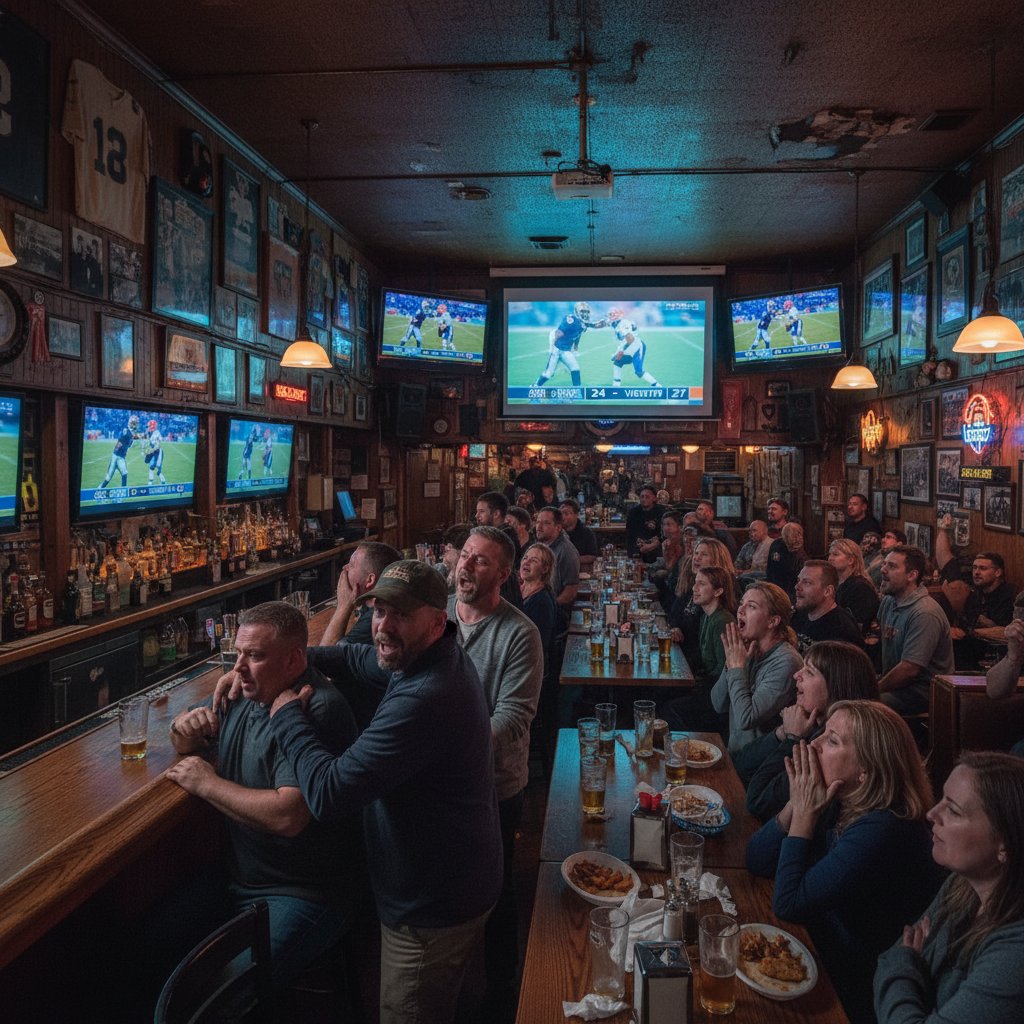 Stary bar sportowy z grupą ludzi oglądających mecz, atmosfera pełna emocji i rozmów kibiców