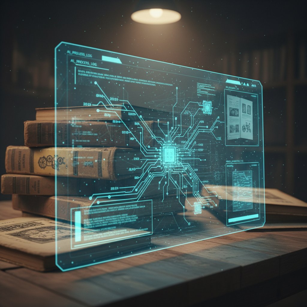Contrasting stacks of old technical manuals with a modern AI analysis screen, highlighting the leap from manual to automated document processing
