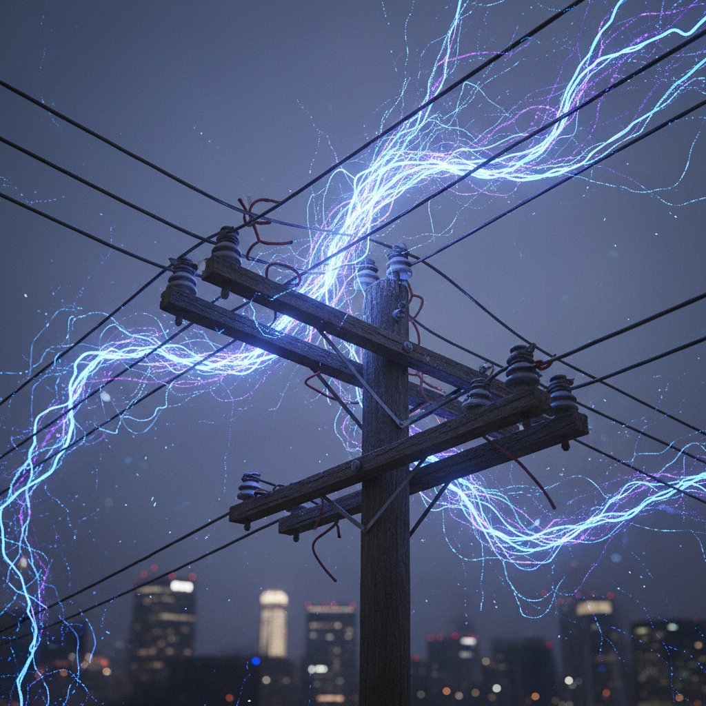 Ewolucja kontaktu od analogowego do cyfrowego w Polsce – zdjęcie starych przewodów telefonicznych przechodzących w świetliste, cyfrowe strumienie danych