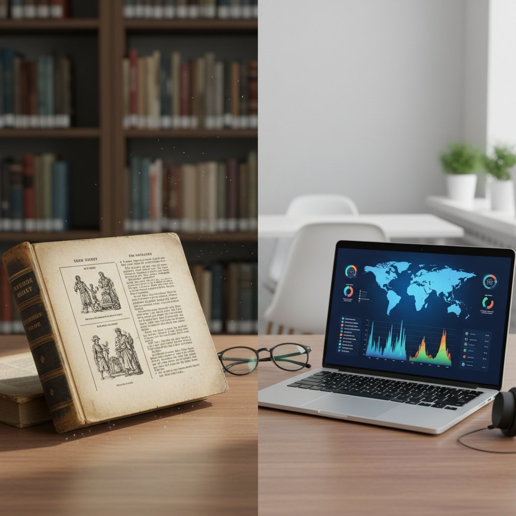 Stary podręcznik leżący obok nowoczesnego laptopa – symbol kontrastu w nauce do matury