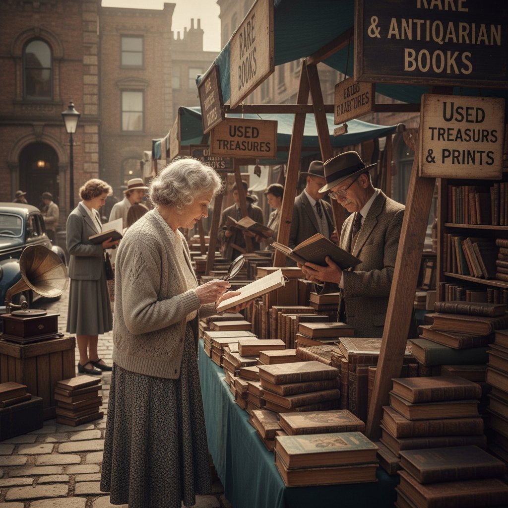Starsza kobieta przegląda książki na targu, klimat retro, naturalne światło