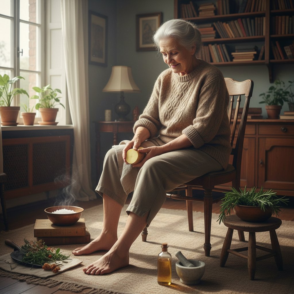 Starsza kobieta w tradycyjnej kuchni przygotowująca domowy środek na kurcze łydek