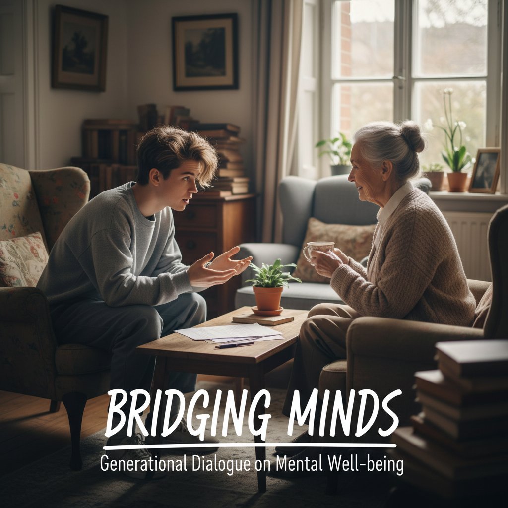 Starsza i młodsza osoba rozmawiające przy stole, symbol międzypokoleniowej zmiany podejścia do psychiki