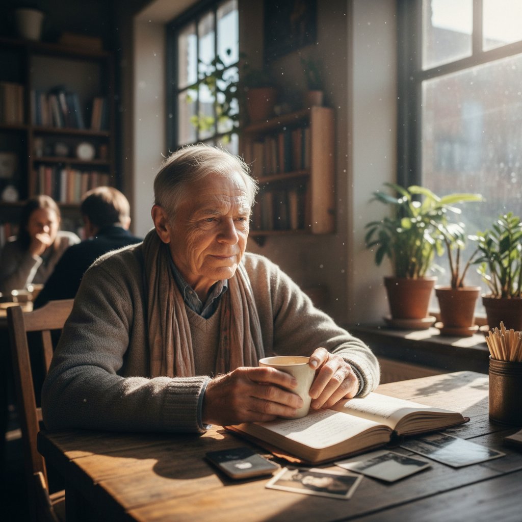 Starsza osoba z autyzmem w kawiarni, zamyślona – życiowe historie poza schematami