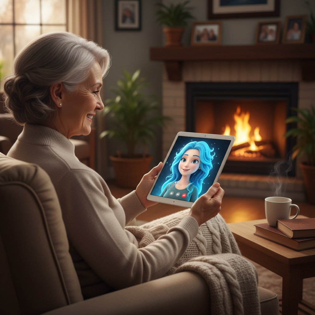 Older adult smiling while video chatting with a digital avatar on a laptop, cozy home background