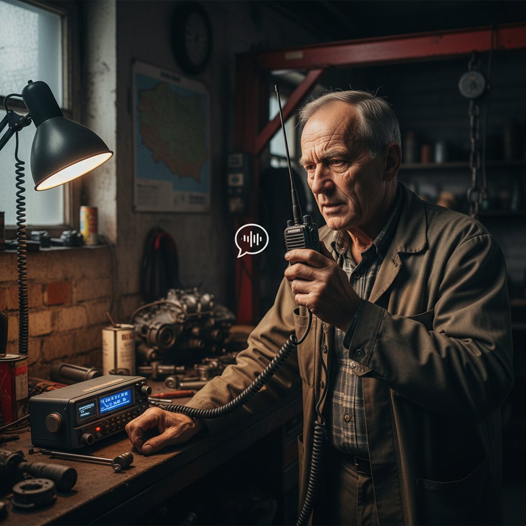 Starszy mężczyzna przy stacji CB-radio, rozmawiający anonimowo w polskim garażu