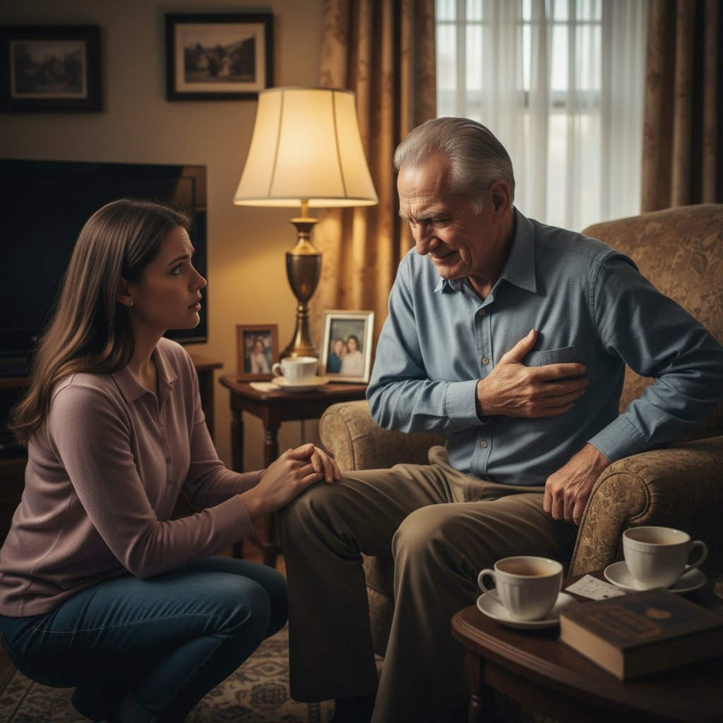 Starszy mężczyzna ignorujący ból, siedzący w fotelu, domowa sceneria, wyraźne zatroskanie