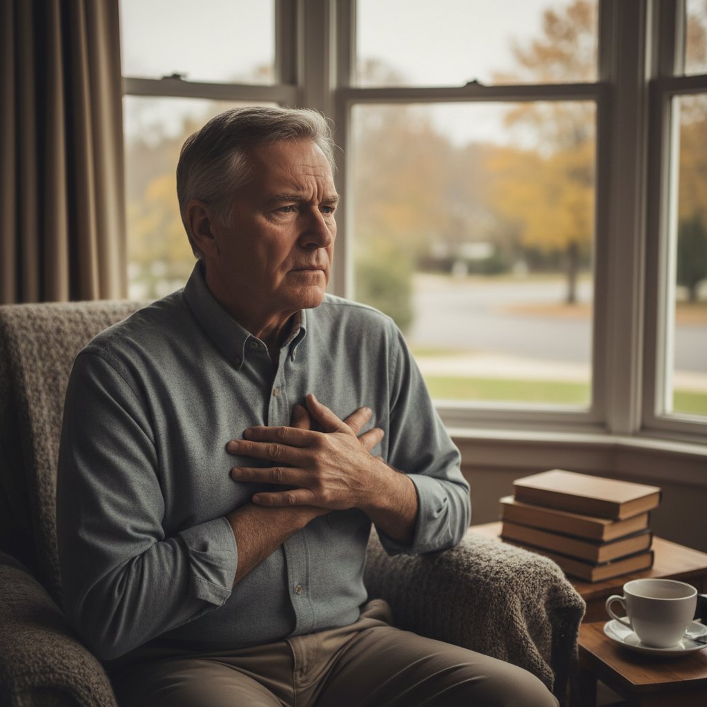 Starszy mężczyzna patrzący w okno z zamyśleniem, z ręką na klatce piersiowej, domowa sceneria