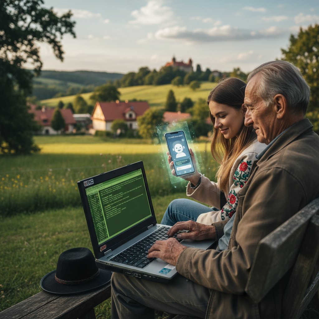 Starsza osoba wspomina czasy IRC, młoda korzysta z AI chatbotów, pokoleniowe porównanie, polska sceneria