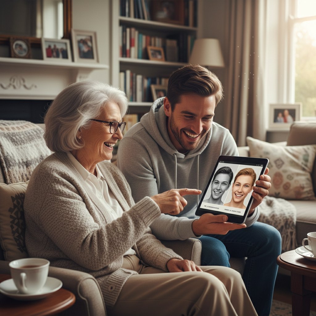 Starszy i młodszy użytkownik korzystający z aplikacji AI w domu – porównanie pokoleń