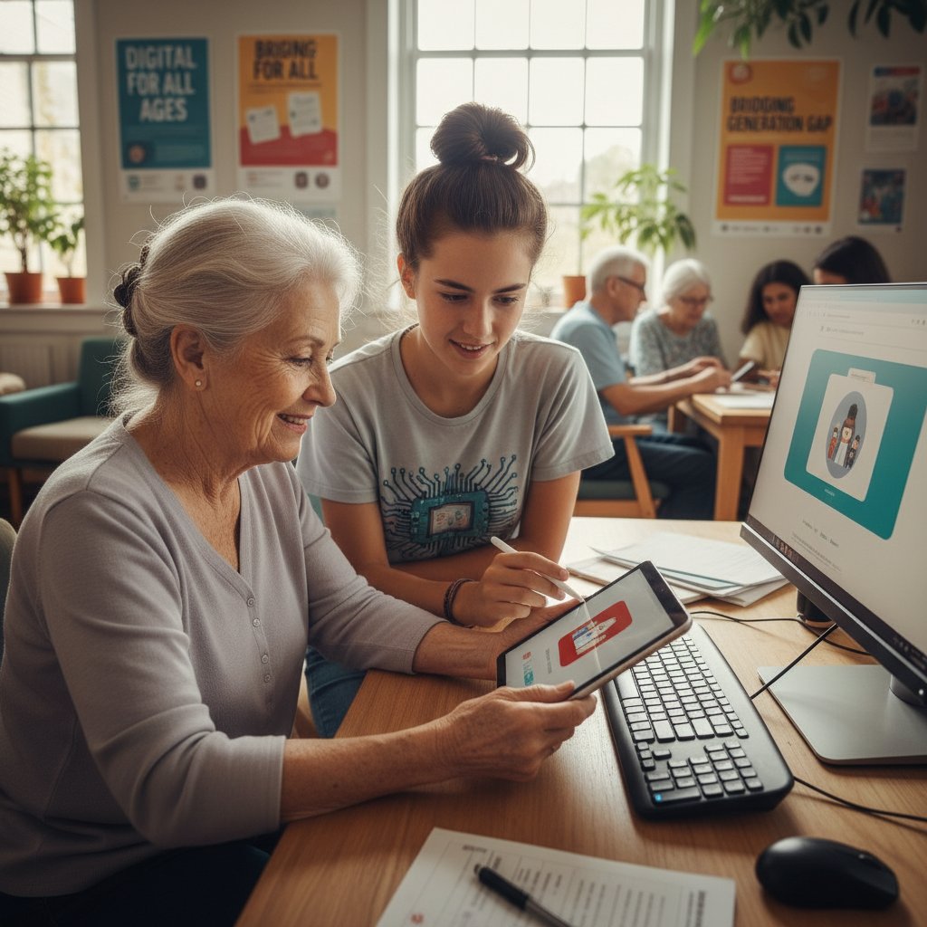 Starsza osoba ucząca się cyfrowych umiejętności od nastolatka – wykluczenie cyfrowe i inkluzja w pracy online