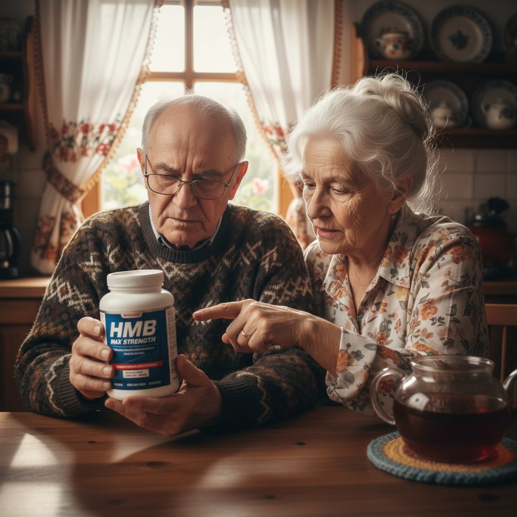 HMB a wsparcie zdrowia seniorów, starsza para w polskim salonie z opakowaniem HMB czytająca etykietę