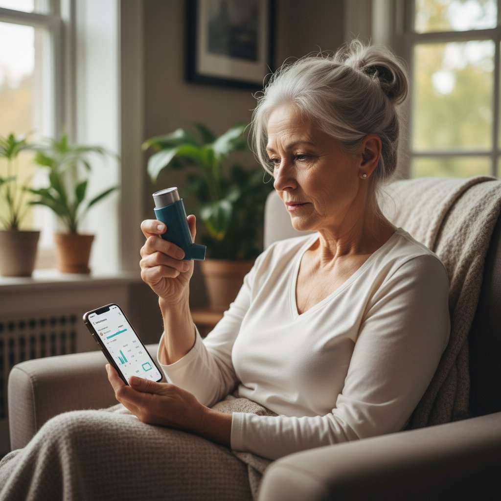 Starsza kobieta sprawdzająca dawkę inhalatora na smartfonie, symbol nowoczesnej samokontroli zdrowia.