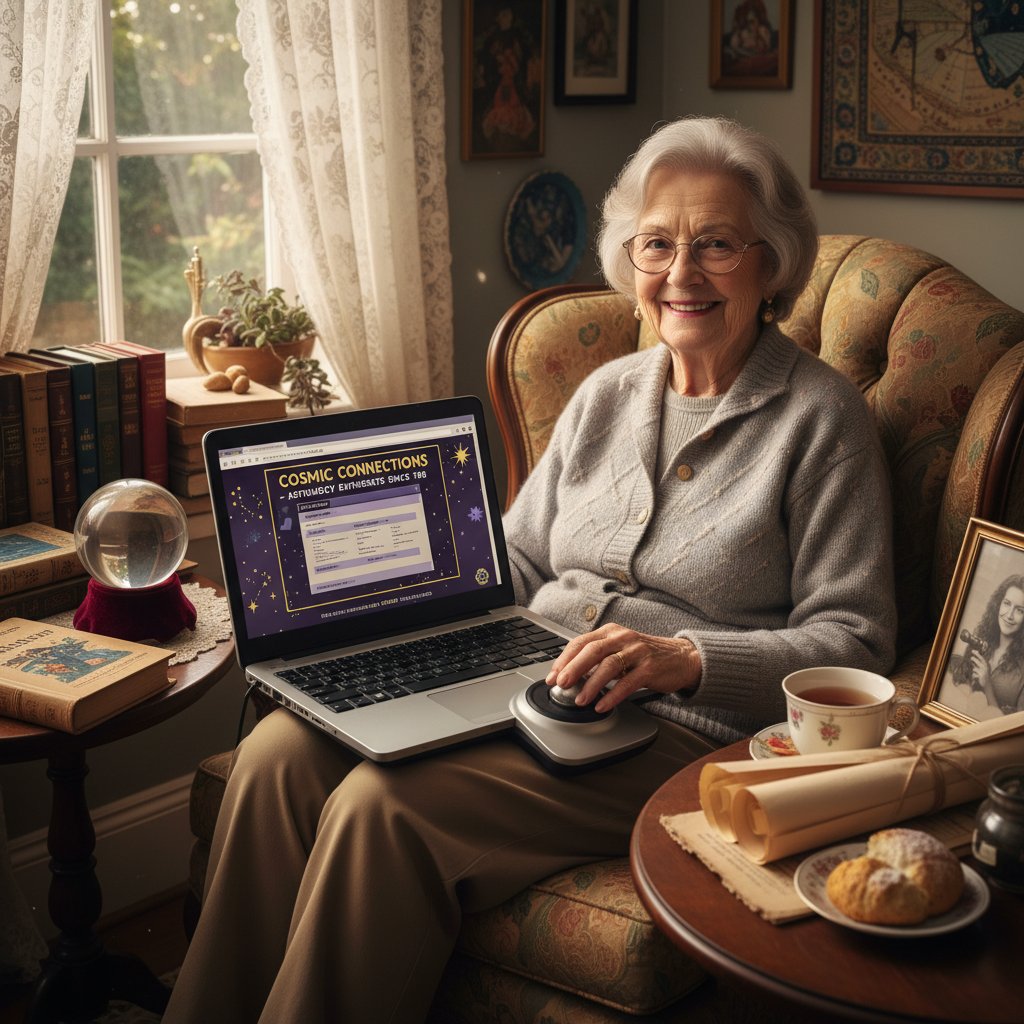 Starsza kobieta korzystająca z laptopa, przeglądająca forum astrologiczne