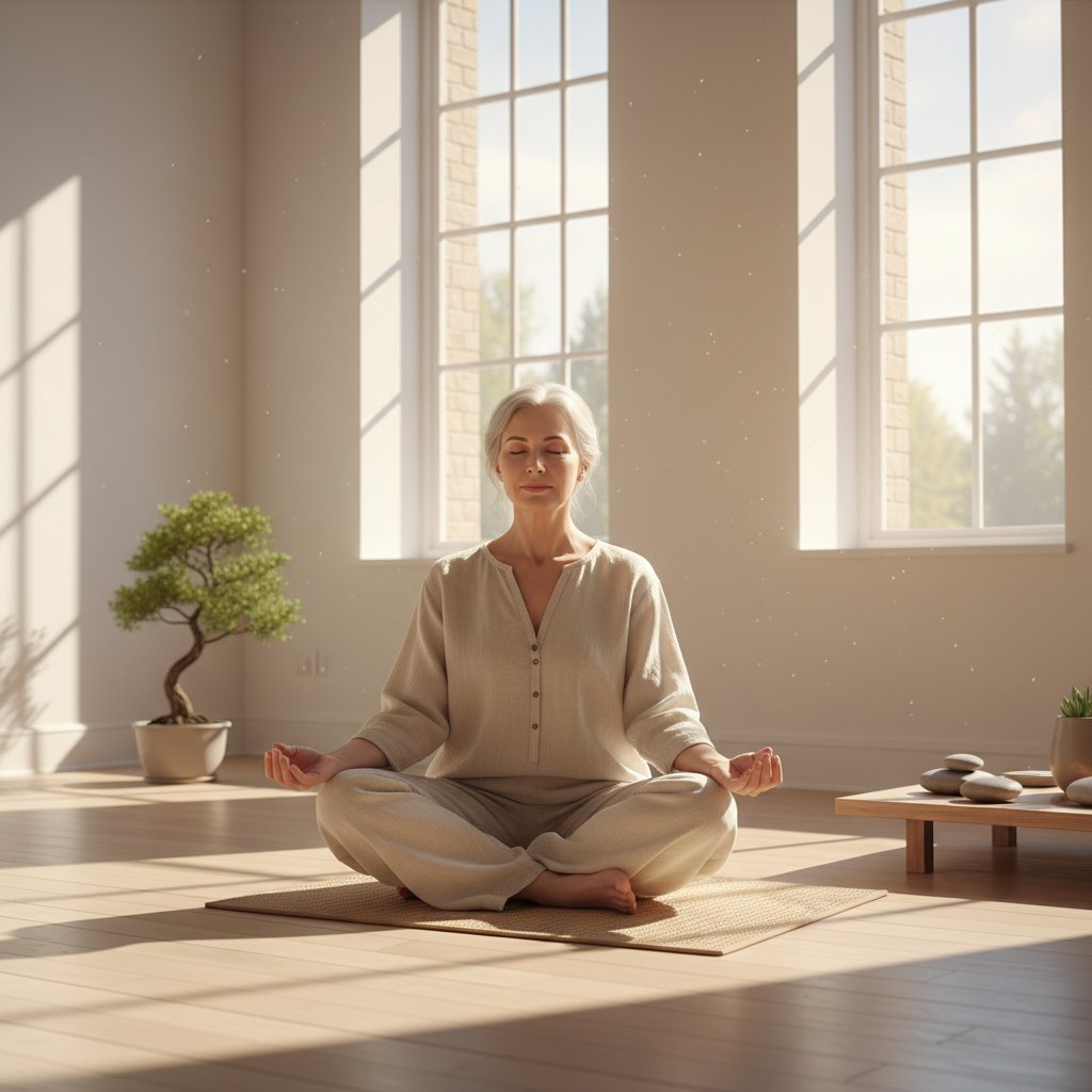 Starsza kobieta medytująca w jasnym pokoju, wyciszona i pogodna