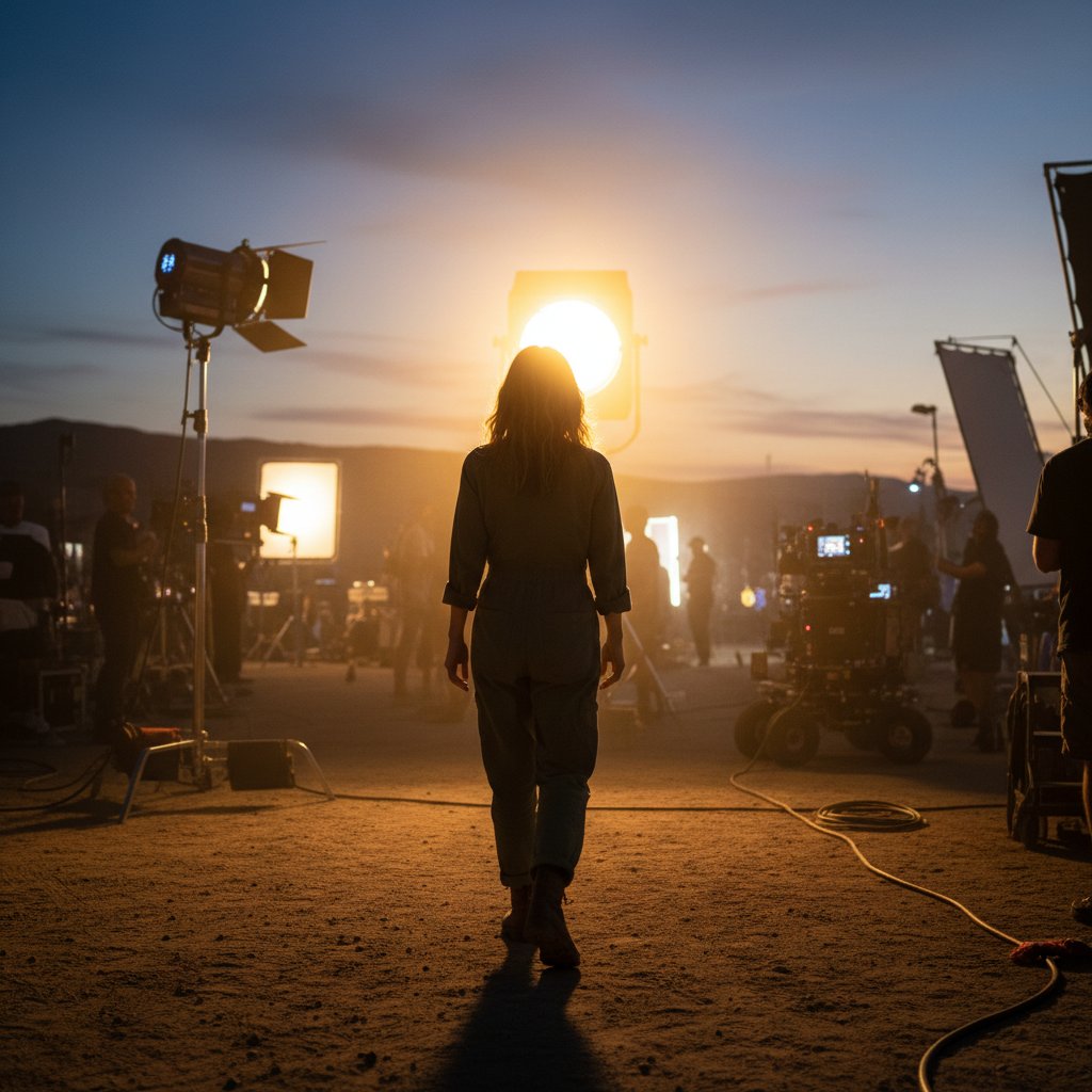 Symbolic photo—Olivia Wilde walking away from a set, dusk, cinematic backlight, 16:9
