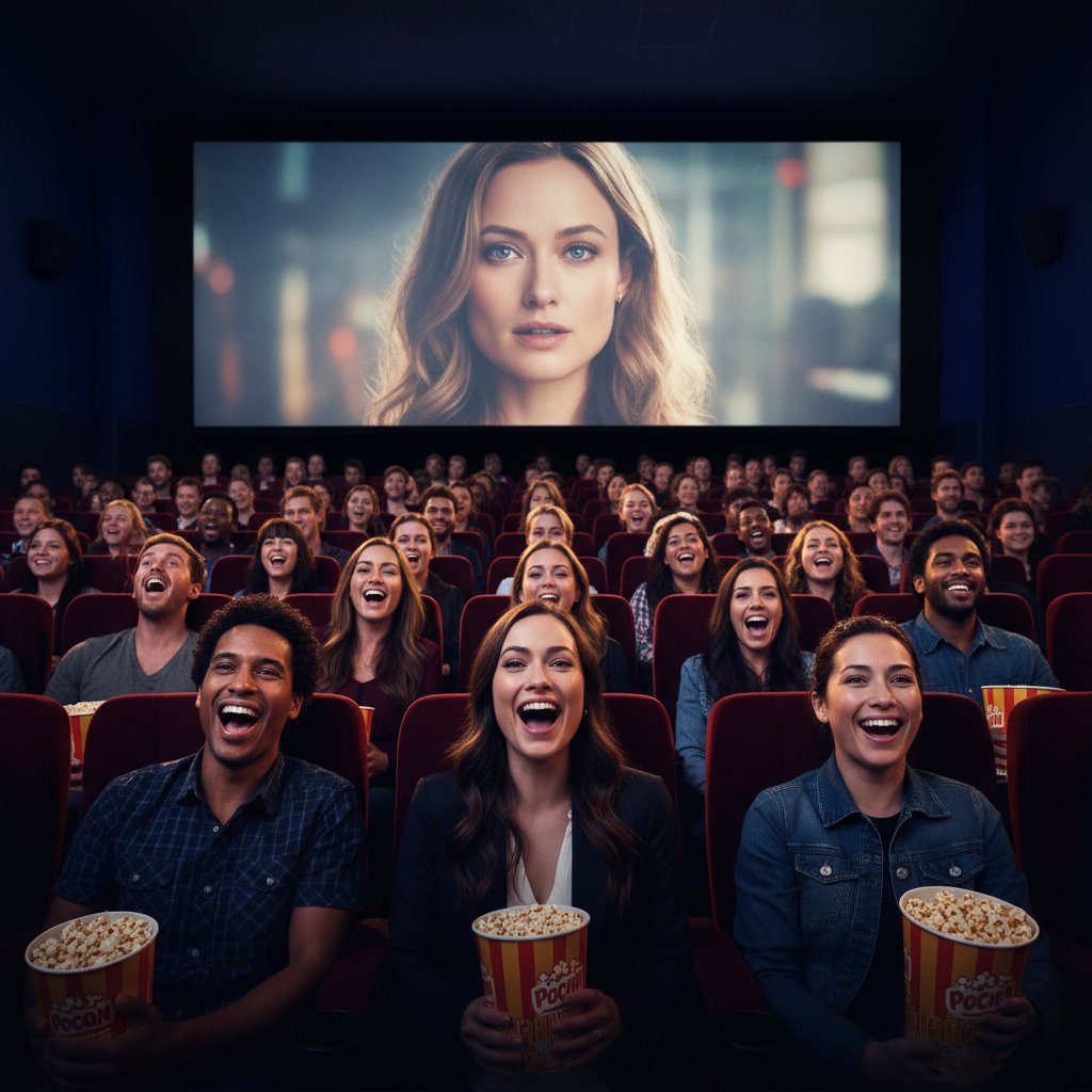 Diverse group watching Olivia Wilde film, emotional reactions, cinematic lighting, cultural impact