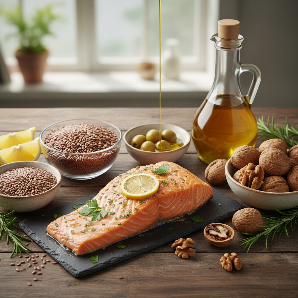 Zdjęcie stołu z produktami bogatymi w omega-3: łosoś, siemię lniane, orzechy włoskie, oliwa