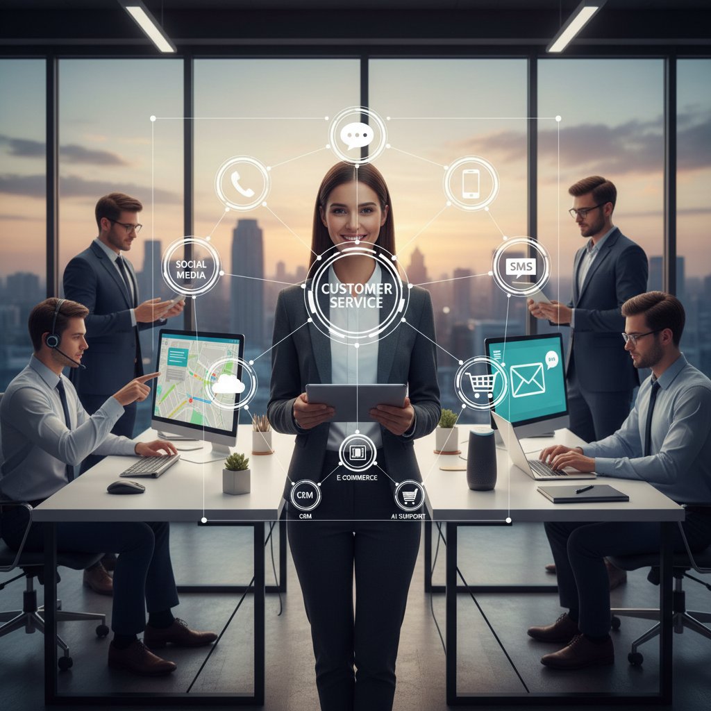 Przedsiębiorca korzystający z wielu kanałów komunikacji jednocześnie, cyfrowy ekran z ikonami social media i e-mail