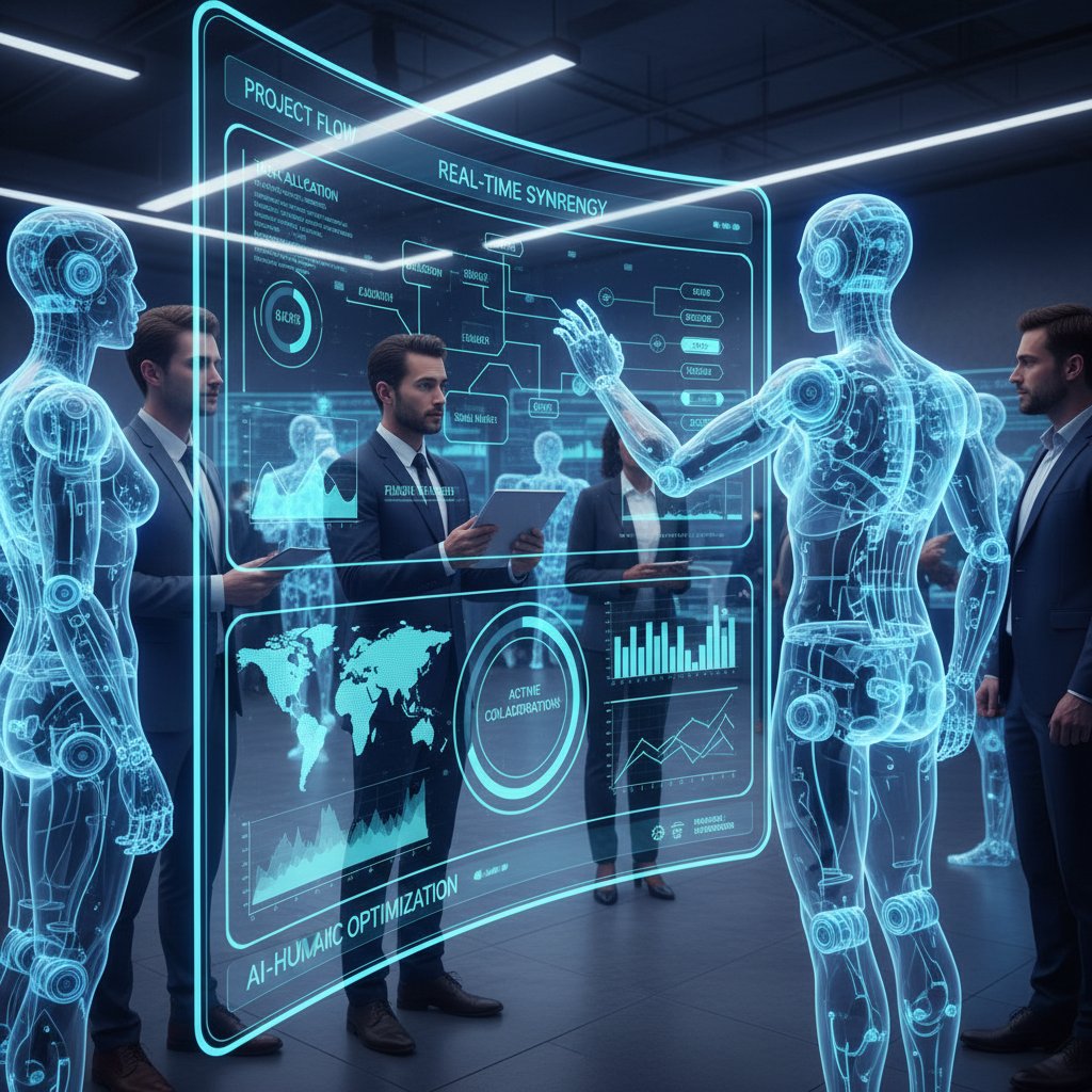 A digital dashboard showing real-time collaboration between humans and AI teammates