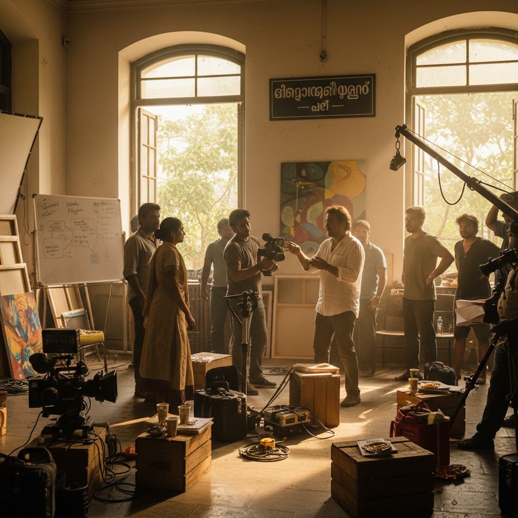 On-set still from a Malayalam indie film, natural lighting, creative chaos, 16:9
